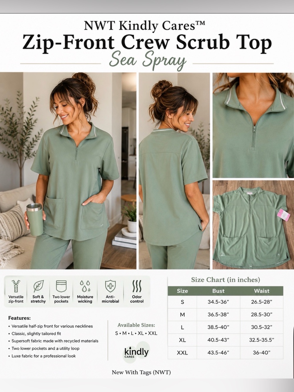 NWT Kindly Cares Zip-Front‎ Crew Scrub Top Sea Spray Green Size Large Women's